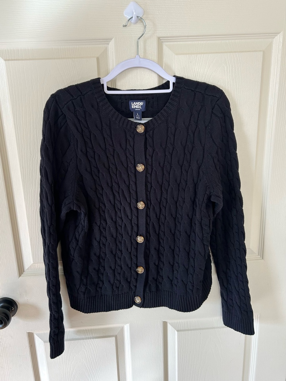 Lands End Cable-Knit Cardigan Size Large 100% Cotton Button Down Long Sleeve